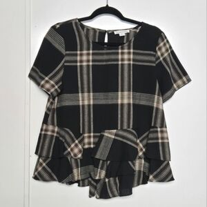 Loveriche Cotton Short Sleeve Plaid Print Ruffle Hem Blouse 18" PTP, 23" Length